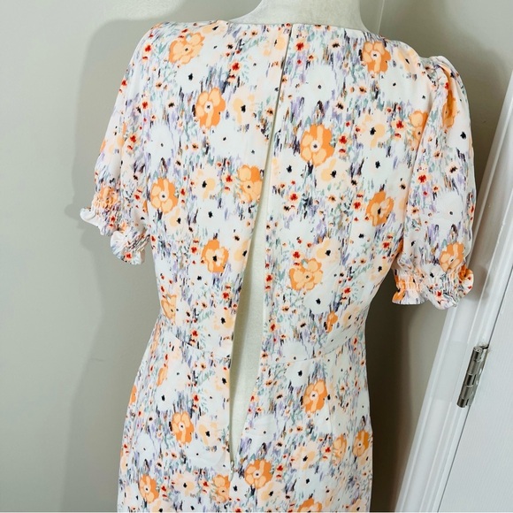 LOFT White with Orange & Blue Floral V-Neck Puff Sleeve Fit & Flare Dress - 6 - Picture 12 of 13